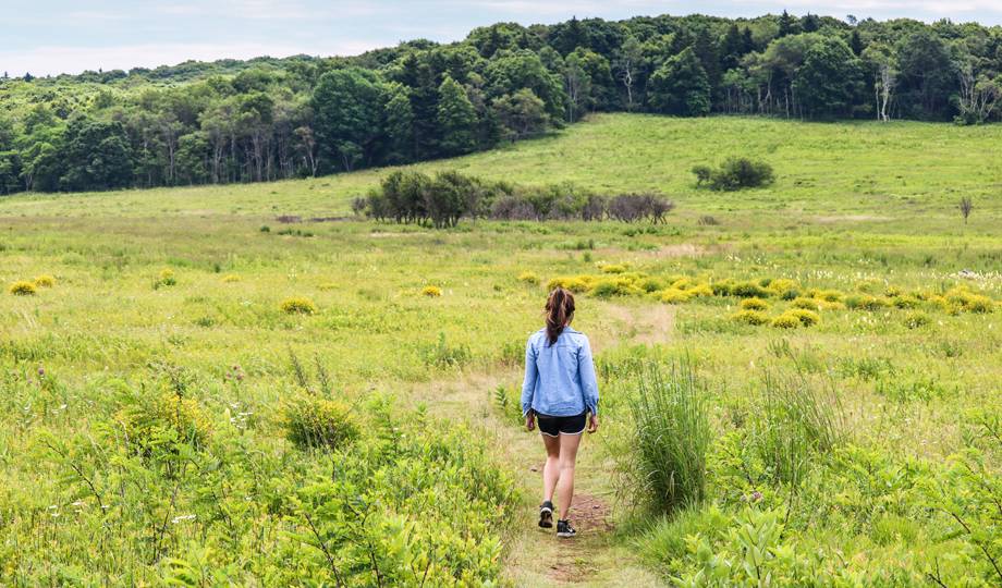 Woman walking through beautiful green field